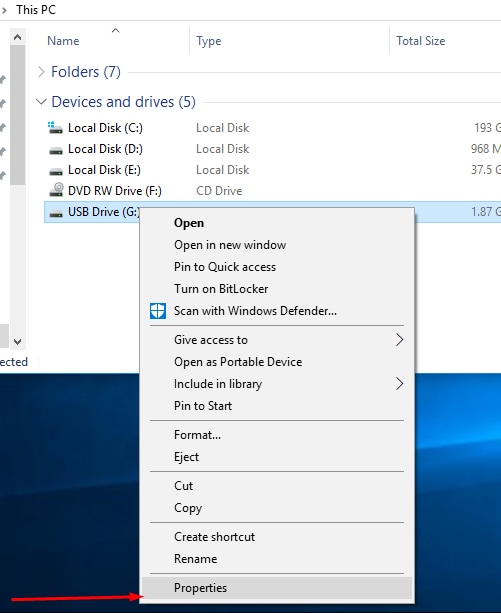 where to find the usb drive  properties option